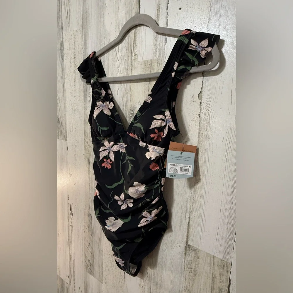 Shade & Shore Black Whit Green One Piece Swimsuit Floral V-Neckline NWT XS